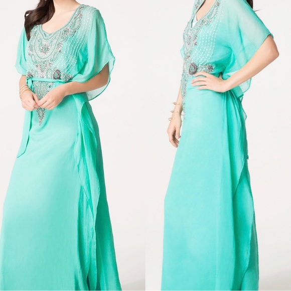 bebe Dresses & Skirts - Bebe Teal Kaftan Long Dress with Beading Size Medium